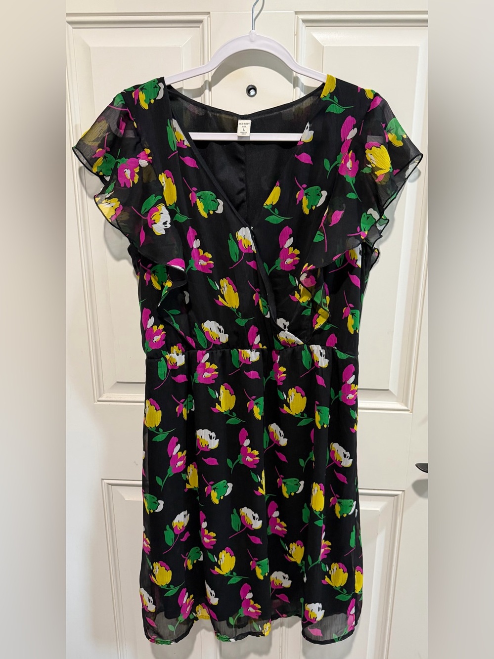 Old Navy Black Floral Wrap Midi Dress with Pink, Yellow & Green